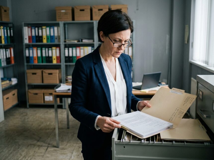 Responsable de sécurité informatique consultant des archives papier dans une salle de classement d'entreprise