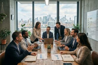 Équipe de professionnels participant à un séminaire d'entreprise autour d'une grande table en bois dans une salle de réunion moderne avec vue sur la ville
