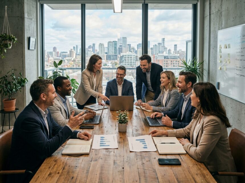 Équipe de professionnels participant à un séminaire d'entreprise autour d'une grande table en bois dans une salle de réunion moderne avec vue sur la ville