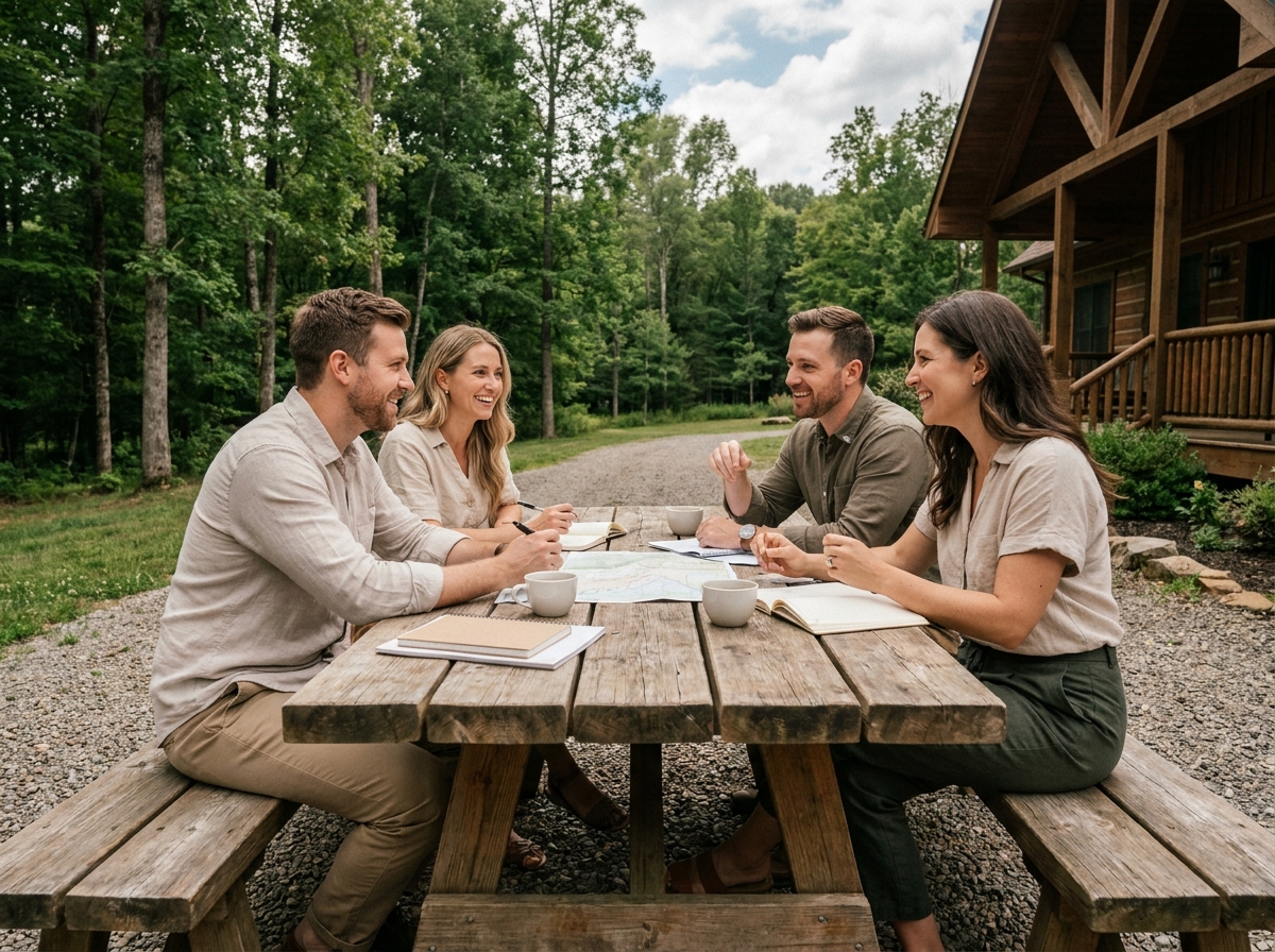 Petite équipe de collègues planifiant un séminaire team-building en plein air autour d'une table en bois dans un cadre de retraite verdoyant à la campagne