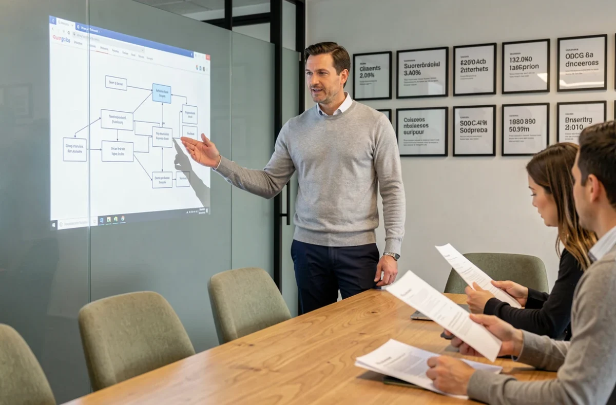 Chef de projet de l'agence Sérévia présentant une architecture de site internet à son équipe dans une salle de réunion moderne