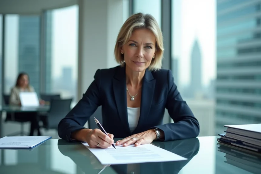 Femme cadre signant un document officiel avec la mention pour ordre dans un bureau moderne, illustrant la responsabilité délégative en entreprise