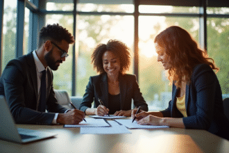 Trois professionnels signant des documents dans un bureau lumineux