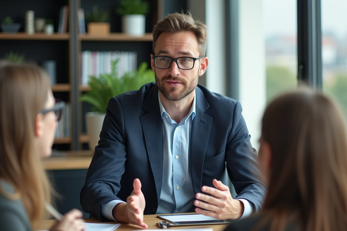 Homme en costume présentant des stratégies SEO dans un bureau rennais