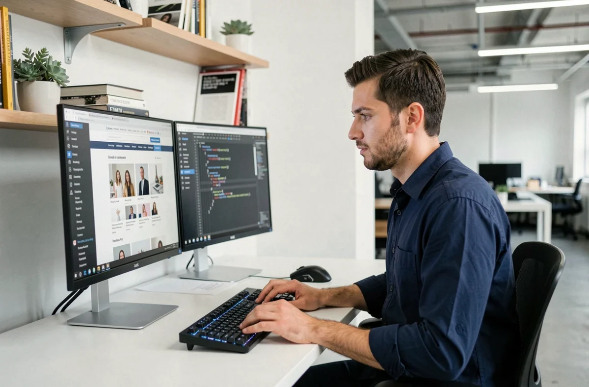 Designer web de l'agence Studionet travaillant sur une interface de site e-commerce à son bureau