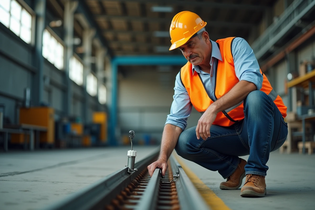 Superviseur d'usine inspectant une réparation improvisée sur un convoyeur industriel, illustrant l'ingéniosité Jugaad et l'optimisation des processus de production avec des ressources limitées