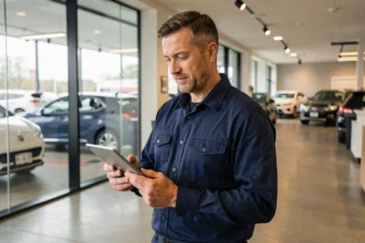 Technicien automobile professionnel consultant une tablette numérique dans un showroom de concession moderne