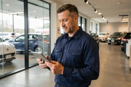 Technicien automobile professionnel consultant une tablette numérique dans un showroom de concession moderne