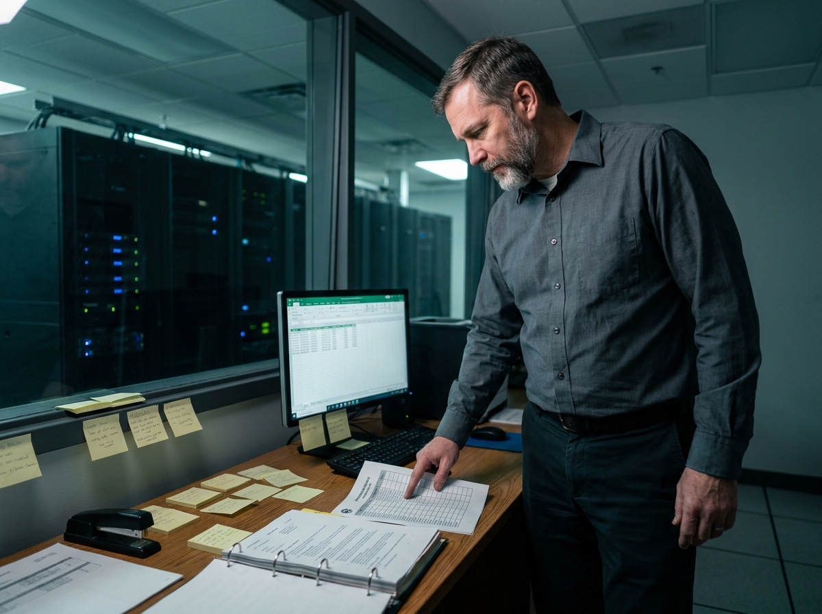 Technicien en cybersécurité croisant des journaux d'accès papier avec des données numériques dans une salle serveur