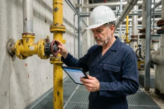Technicien industriel inspectant un capteur de détection de gaz fixe Honeywell Analytics XNX dans une installation pétrochimique