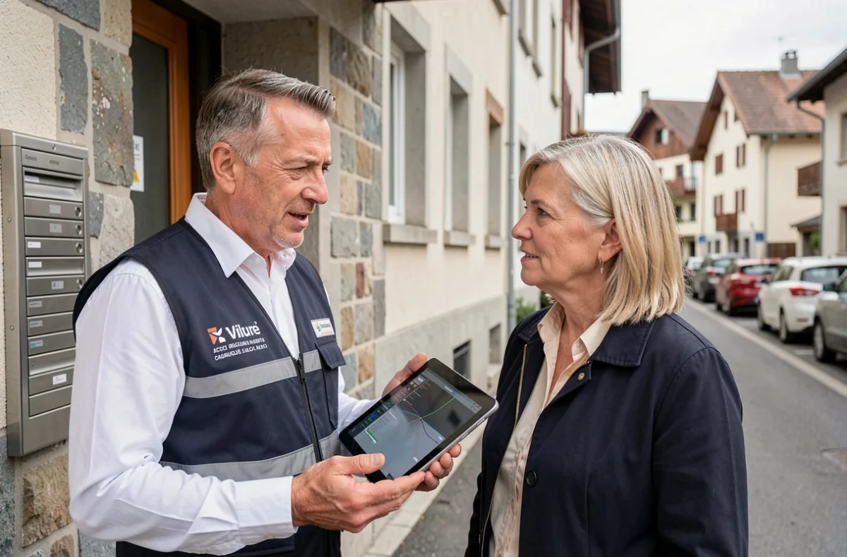Technicien en intervention chez une résidente pour résoudre un problème de connexion Convergence dans un immeuble grenoblois