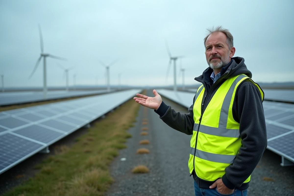 Technicien d'un pôle éco-industrie devant un parc de panneaux solaires et d'éoliennes dans une zone industrielle écologique