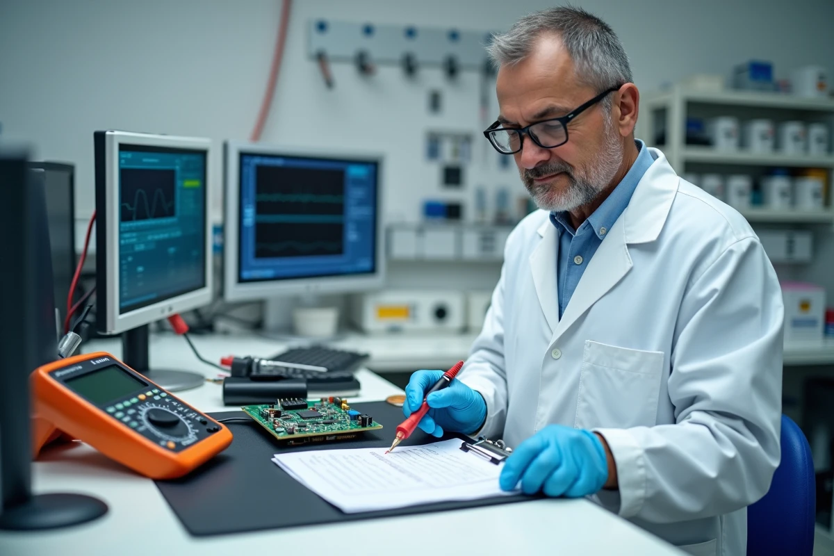 Technicien en laboratoire utilisant un multimètre numérique pour tester la compatibilité d'un composant électronique avant achat