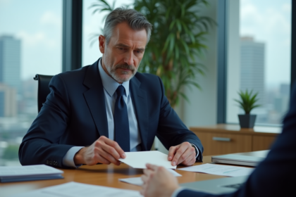 Homme d'affaires en costume navy échange un document discretement