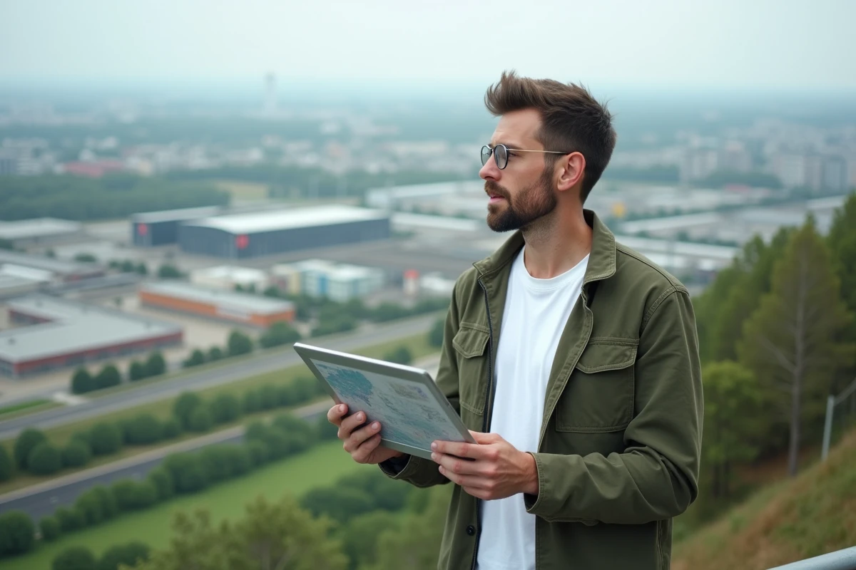 Urbaniste masculin analysant un territoire depuis un point de vue panoramique avec une tablette de cartographie géospatiale