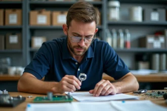 Ingénieur électronique vérifiant la compatibilité d'un composant électronique avec une loupe dans un atelier de prototypage