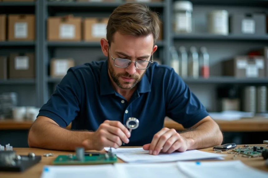 Ingénieur électronique vérifiant la compatibilité d'un composant électronique avec une loupe dans un atelier de prototypage