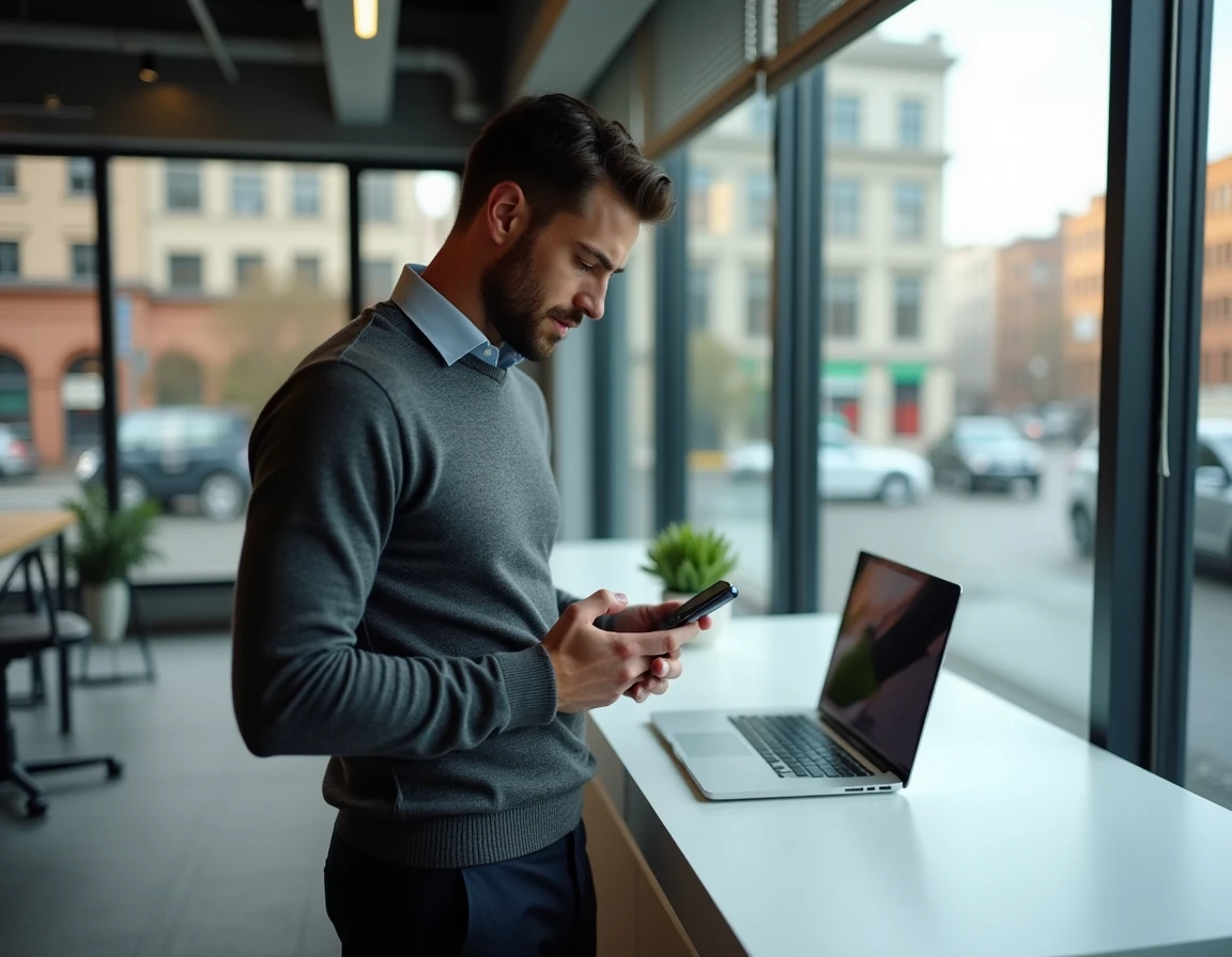 Indépendant consultant préparant ses vœux professionnels numériques de Nouvel An dans un espace de coworking urbain