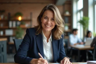 Femme cheffe d'entreprise rédigeant des vœux professionnels manuscrits pour le Nouvel An dans un bureau moderne de PME