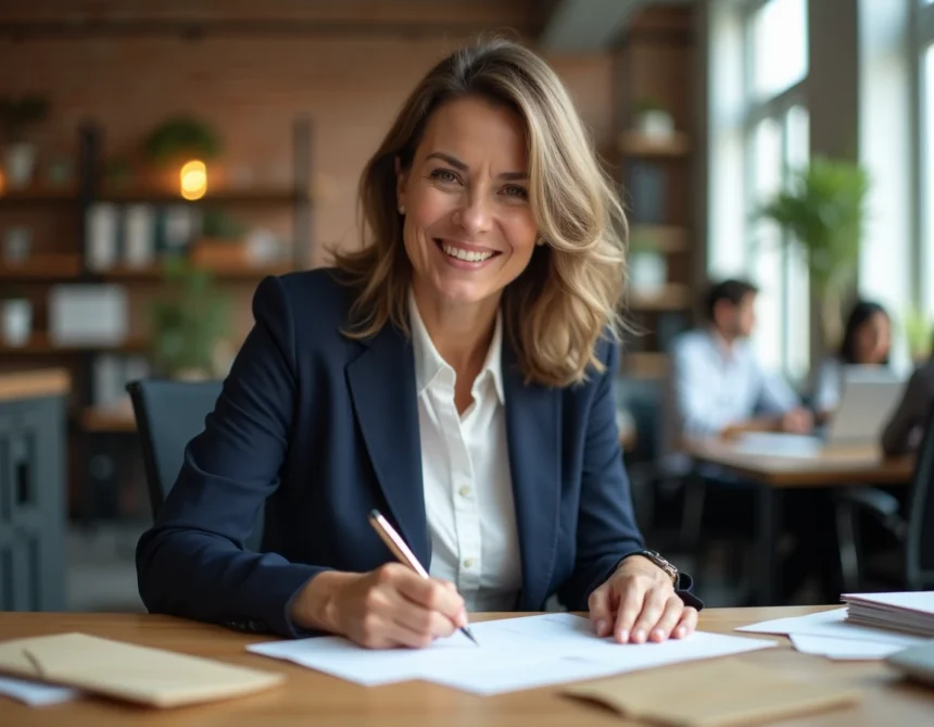 Femme cheffe d'entreprise rédigeant des vœux professionnels manuscrits pour le Nouvel An dans un bureau moderne de PME