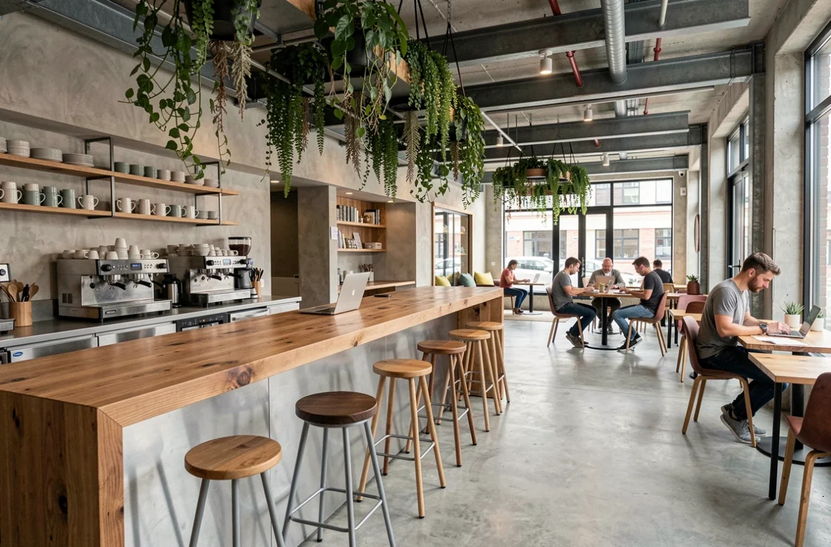 Vue d'ensemble d'un espace de coworking avec comptoir commun et végétation à Nogent-sur-Marne