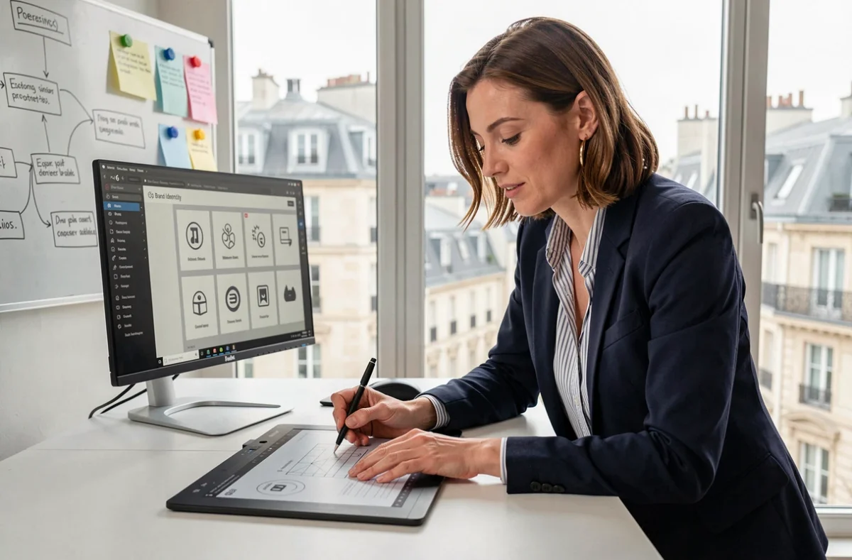 Designer UX de l'agence Wedezign travaillant sur un projet de création de site internet dans un studio parisien lumineux