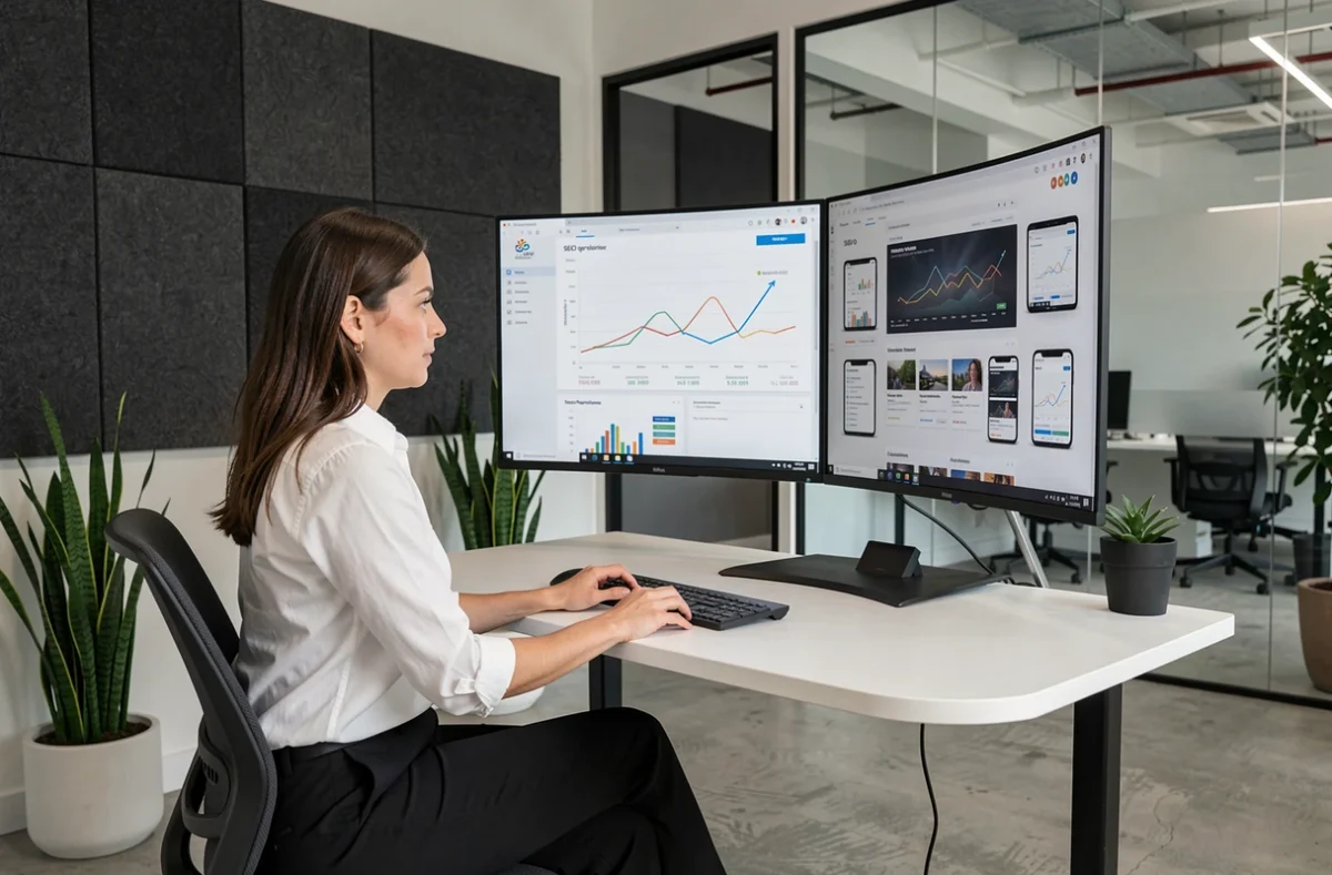 Stratège digitale de l'agence YATEO analysant les performances SEO d'un site internet sur un écran courbe dans un bureau moderne